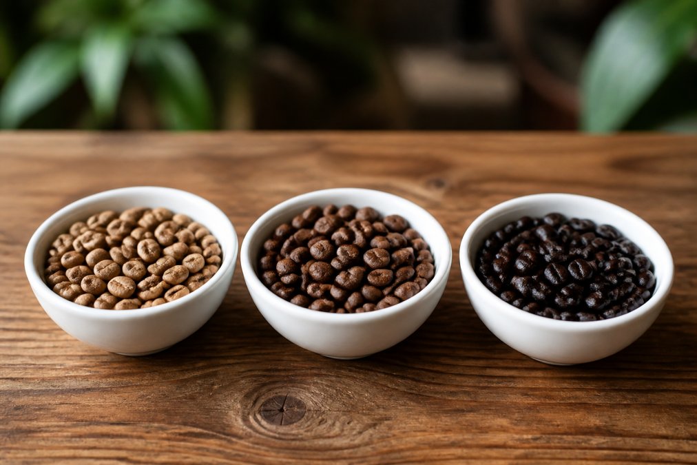 Close-up of three small white ceramic bowls side by side, each holding whole coffee beans at different roast levels: pale tan light roast, medium brown, and dark oily dark roast, on a wooden surface with soft natural light