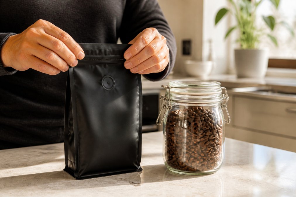 Hands sealing a matte black resealable coffee bag with a one-way valve, placed next to an airtight glass jar of whole coffee beans on a clean kitchen countertop in warm morning light