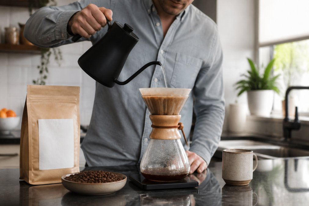 A person pouring hot water from a gooseneck kettle over a pour-over coffee brewer in a bright home kitchen, with a bag of whole coffee beans nearby