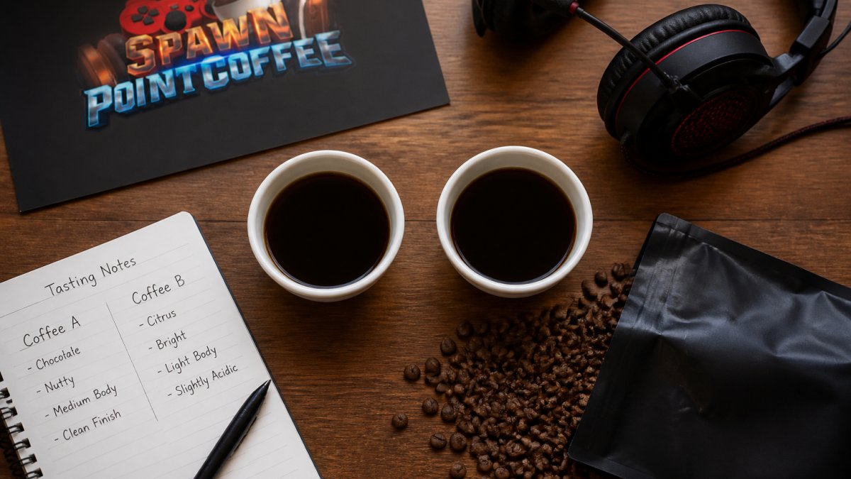 Overhead shot of two coffee cups side by side on a desk next to a notepad with tasting notes, a bag of whole bean coffee, and a gaming headset in the background
