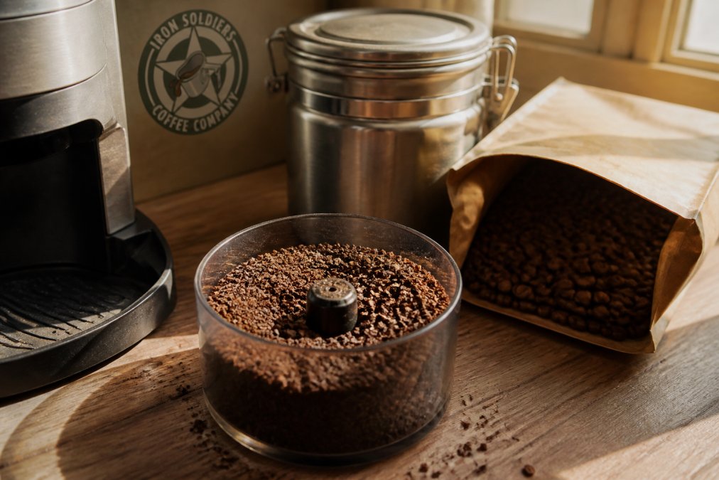 Coarse ground coffee in a burr grinder with an airtight storage canister and a bag of whole coffee beans