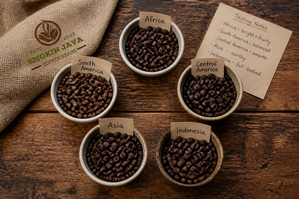 Overhead flat-lay of five small bowls of roasted coffee beans from different origins, each labeled with a region name, arranged on a rustic wooden table with a burlap sack and a handwritten tasting-notes card nearby
