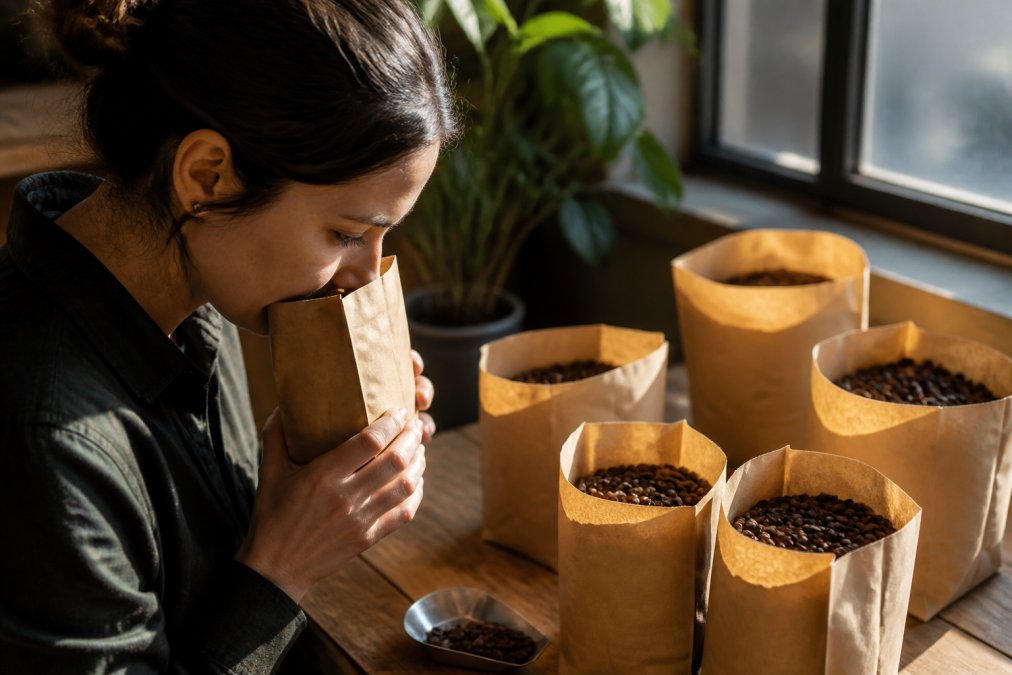 A person holding an open coffee bag up to their nose, inhaling the aroma, with several other open bags of beans arranged on a wooden table nearby, warm natural window light