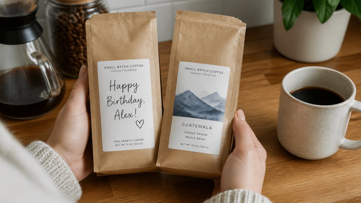 Infographic illustrating steps to customize coffee labels and messages for personalized gift bags