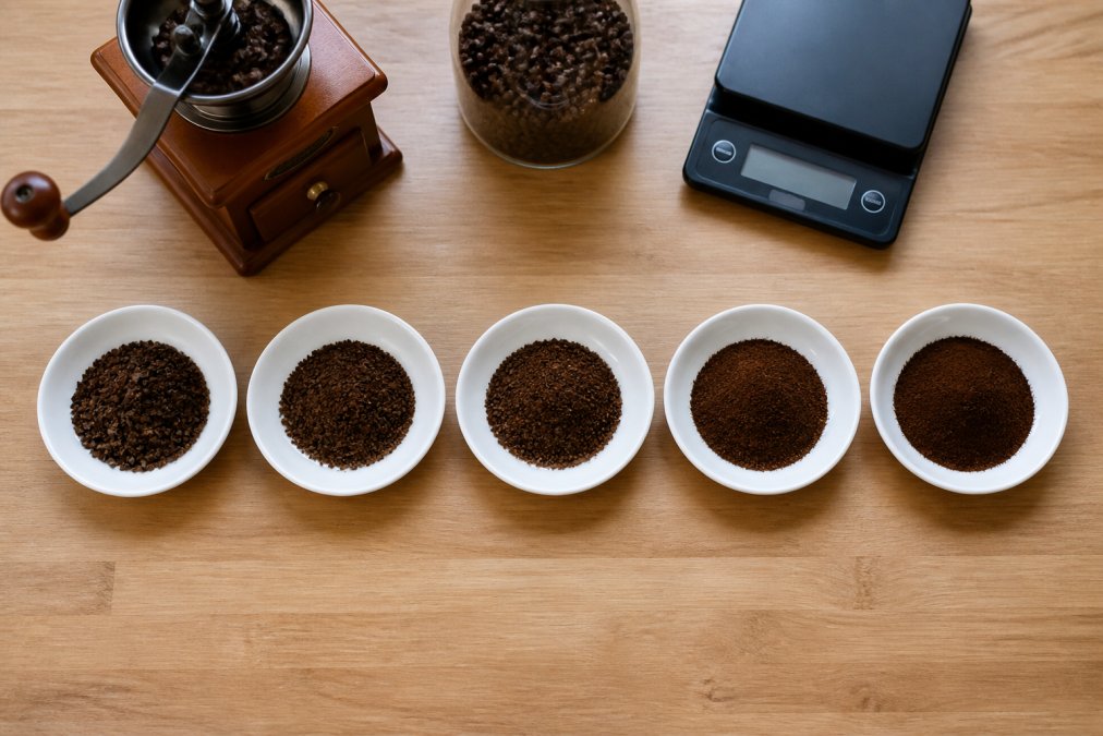Five piles of coffee grounds ranging from coarse to fine on white saucers, illustrating the coffee grind size.
