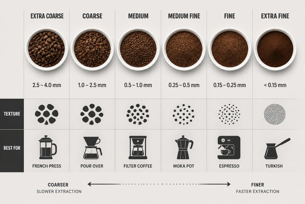 Close-up of different coffee grind sizes displayed side-by-side in small white bowls or on a dark surface, showing visual progression from coarse to fine particles