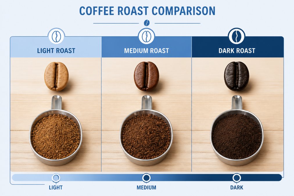 Three coffee beans and scoops of ground coffee arranged side by side showing the visual color progression from light tan to medium brown to dark almost-black, natural lighting on a wooden surface