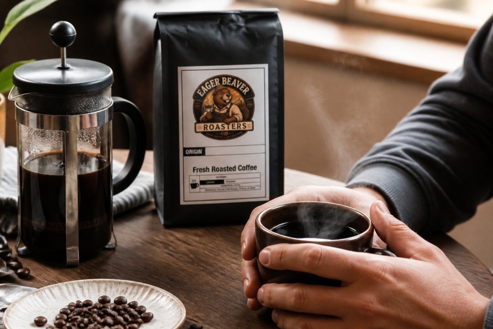 Close-up of hands holding a coffee cup with a pour-over dripper or French press visible in the background, showing someone enjoying freshly brewed coffee in natural lighting