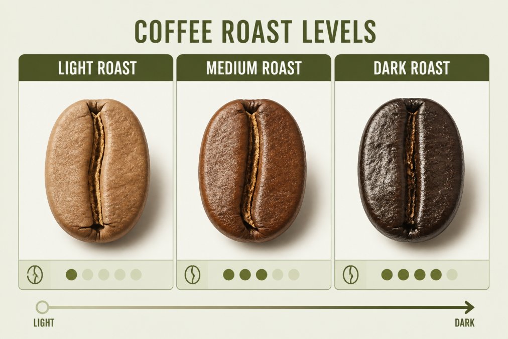Close-up of three coffee beans displayed side by side showing progression from light tan to medium brown to dark charcoal color, with visible surface sheen increasing from left to right, photographed under bright natural light on a white background