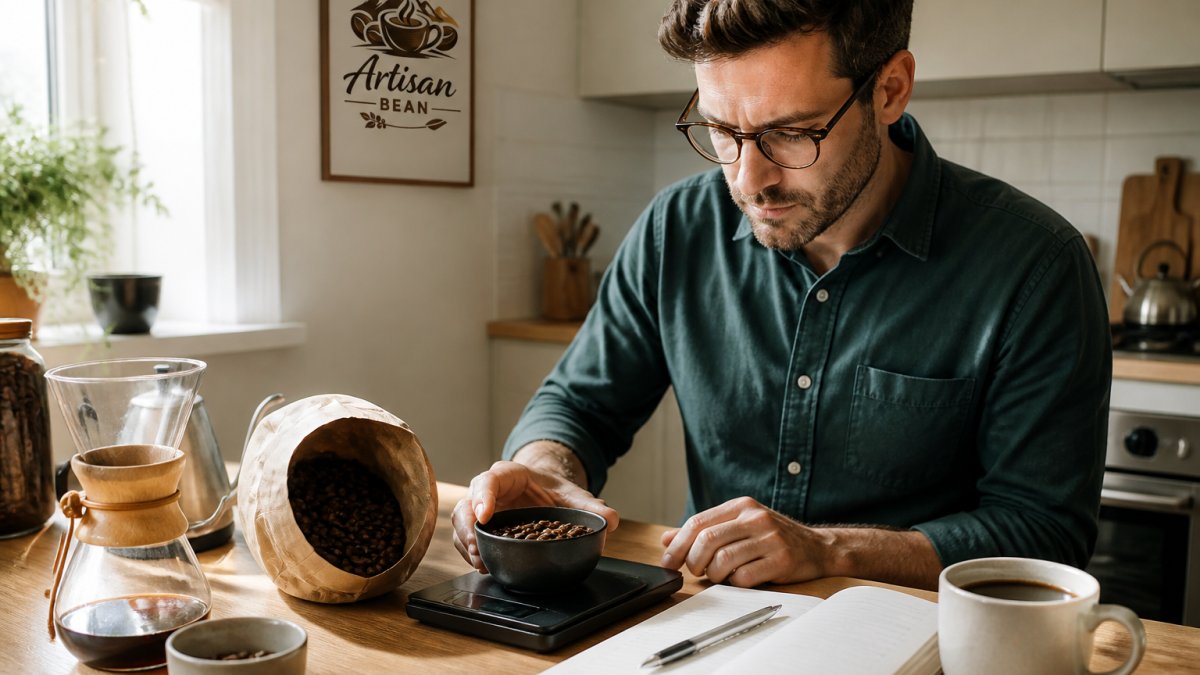 A home barista in a bright kitchen weighing coffee beans on a digital scale next to a notebook and a cup of freshly brewed coffee, with a coffee bag open nearby
