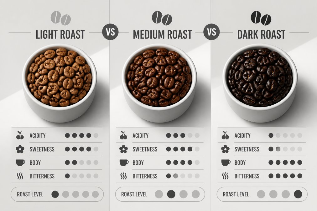 Three coffee cups filled with light, medium, and dark roasted beans arranged side by side, showing the visual color progression from light brown to nearly black, with morning sunlight highlighting the subtle variations in bean surface texture