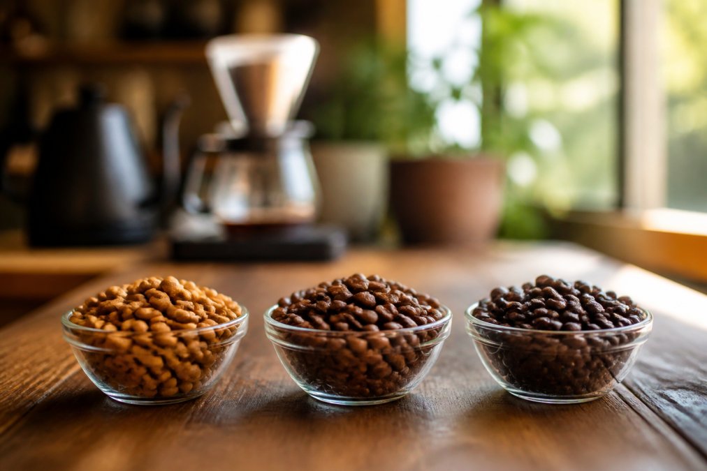 Three small glass bowls filled with coffee beans showing a gradient from light to dark roast, arranged left to right on a wooden table with soft morning light