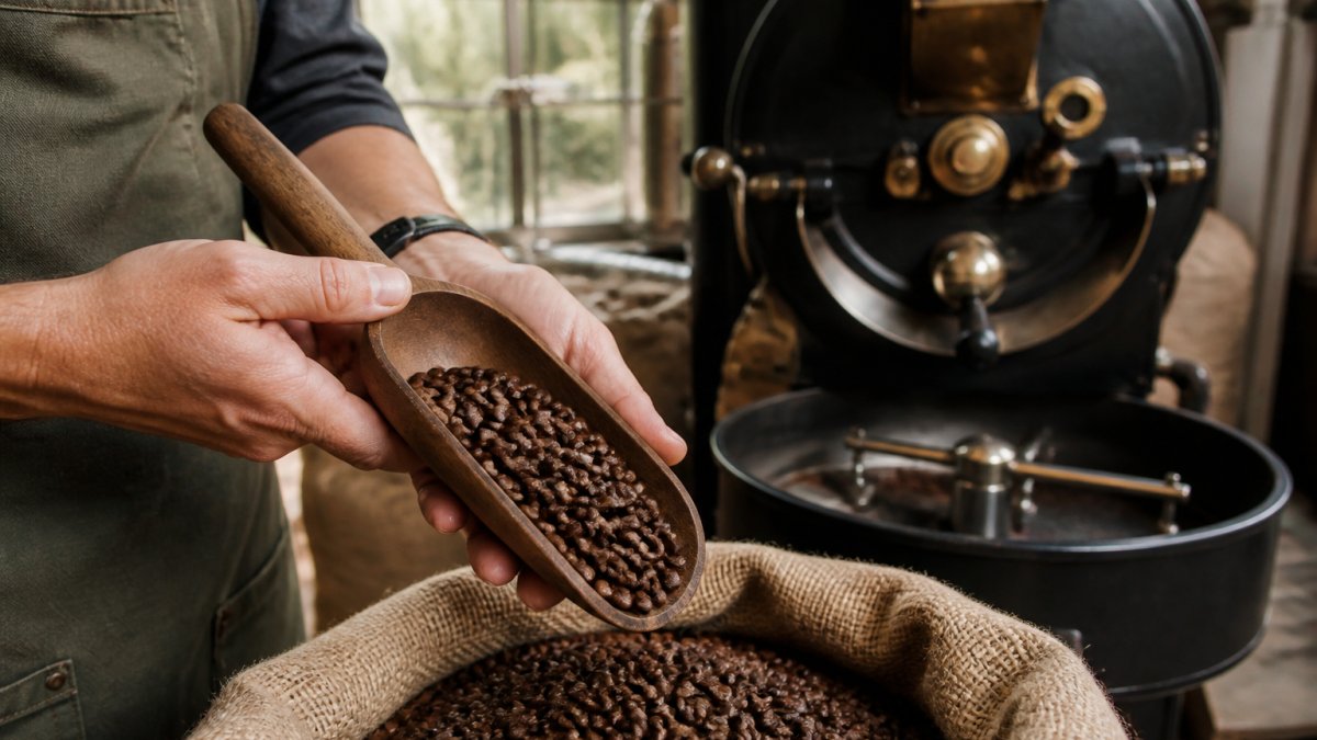 Hands holding a wooden scoop of roasted coffee beans over a burlap sack in an artisan roastery