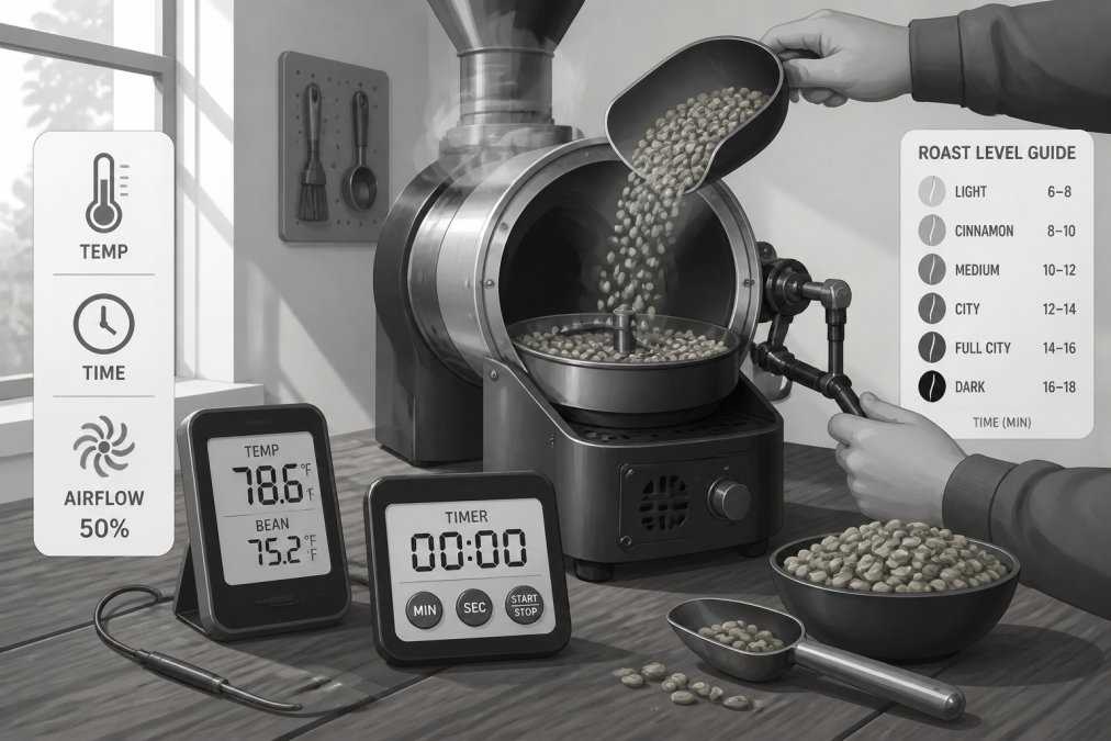 Home roaster setup with digital thermometer and timer visible on wooden table, hands monitoring green beans being loaded into roaster chamber with steam rising, natural window light illuminating the scene