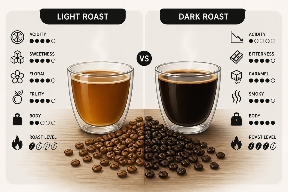 Two glass cups of coffee side by side, one light roast and one dark roast, on a wooden table with roasted coffee beans scattered between them
