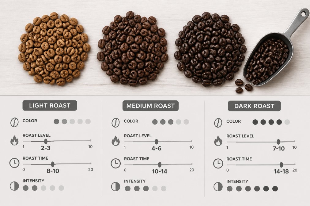 Close-up overhead shot of three small piles of roasted coffee beans on a light wooden table, showing light, medium, and dark roast colors side by side with a hand scoop nearby