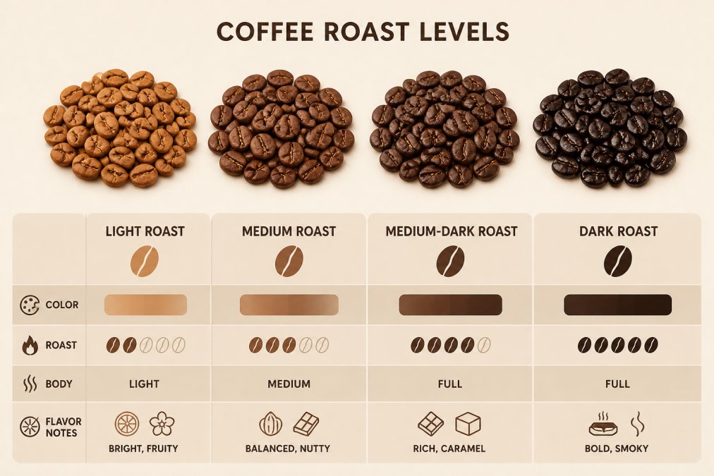 Close-up of four small piles of coffee beans arranged side-by-side showing the visual progression from light cinnamon-brown beans through medium brown to nearly black dark roast beans, with natural daylight highlighting the color differences