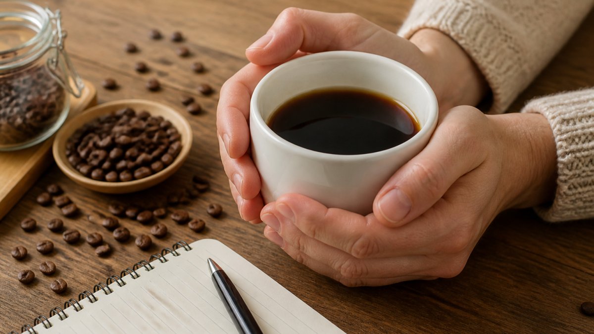 Close-up of hands holding a white ceramic cup filled with dark coffee, with whole coffee beans scattered on a wooden table beside a small notebook and pen