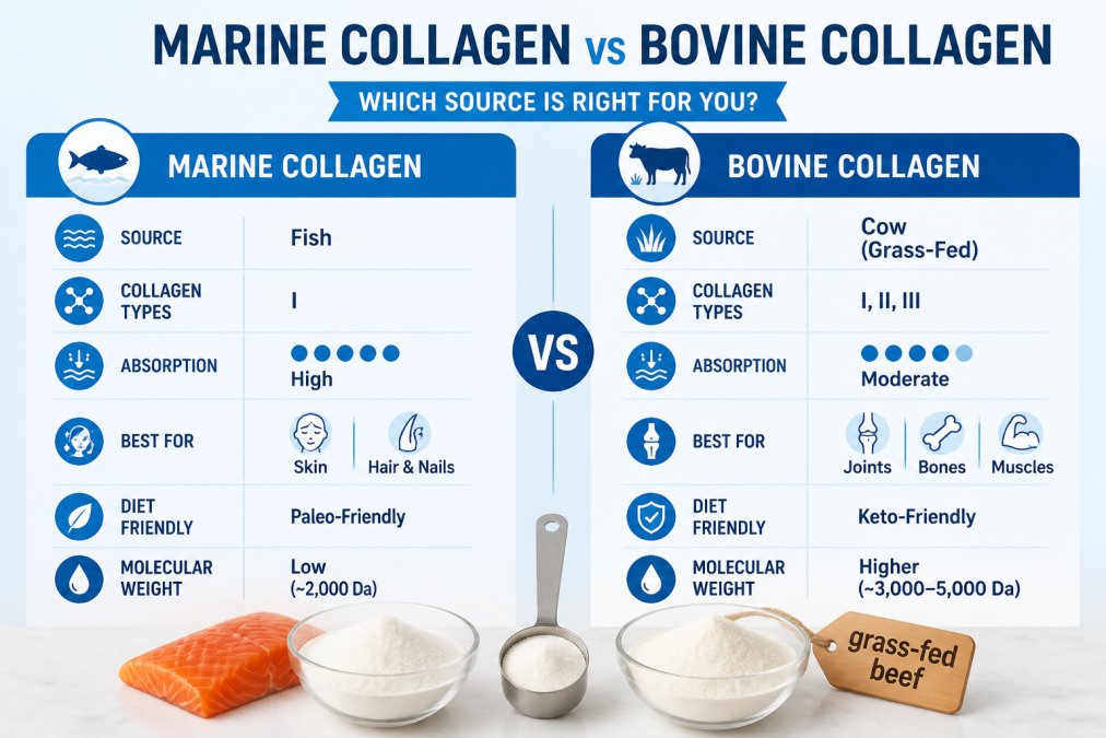 Flat-lay photo on a white marble surface showing two small glass bowls of white collagen powder side by side, one placed next to a piece of raw salmon fillet and the other next to a small wooden tag reading 'grass-fed beef', with a silver measuring scoop resting between them under soft natural light