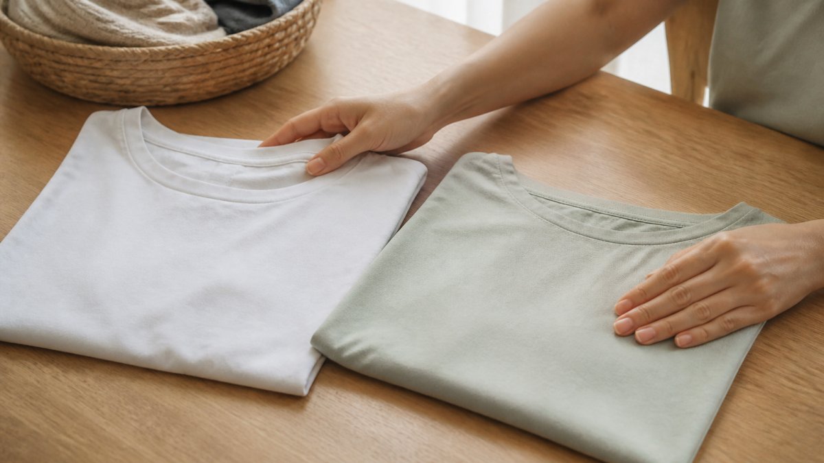 Close-up of hands touching and comparing two folded t-shirts on a clean wooden table, one smooth lightweight cotton and one bamboo-blend fabric, soft natural window light