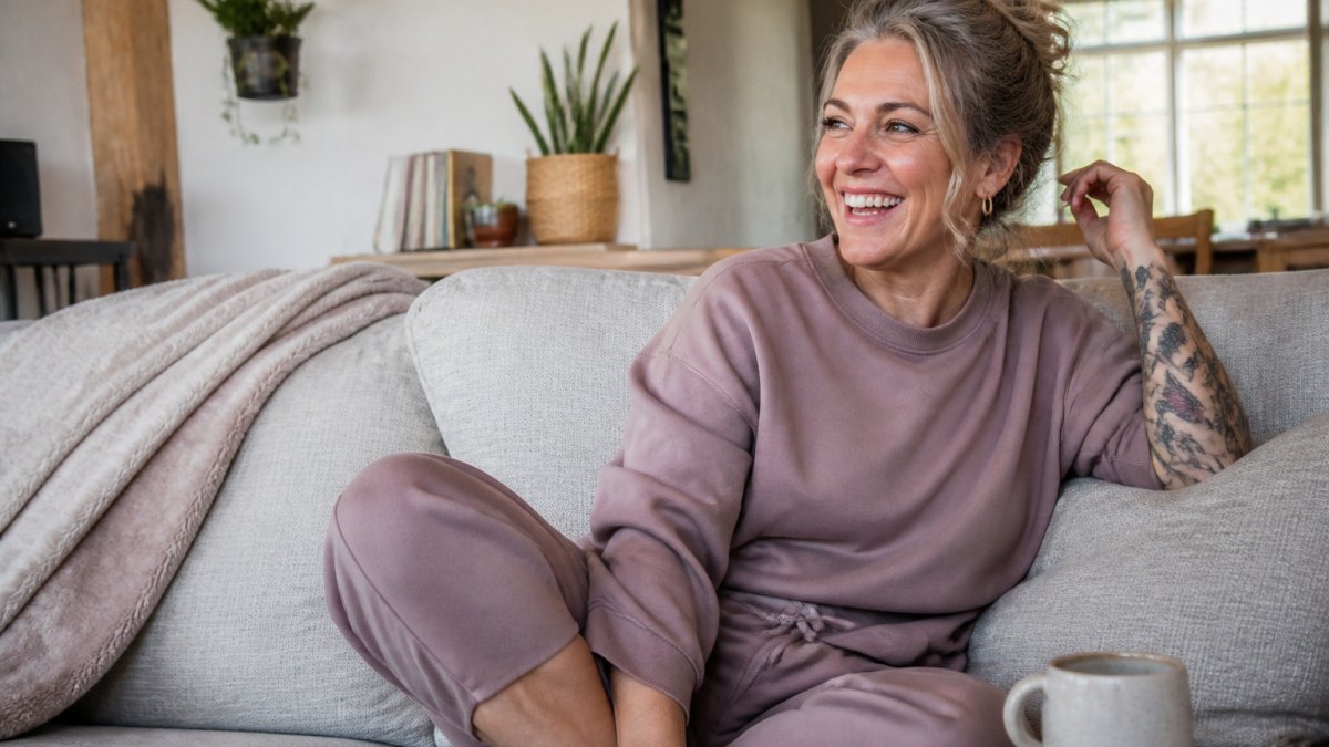 Relaxed woman in a soft matching loungewear set laughing on a sofa with a cup of tea nearby