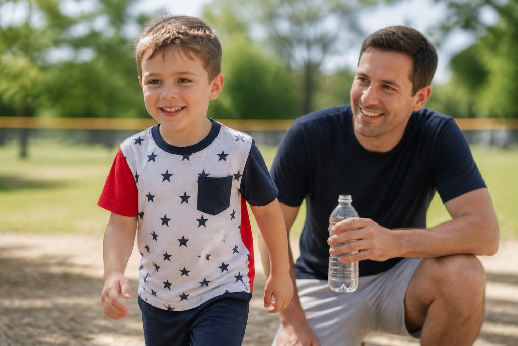 A child in a red, white, and blue cotton shirt plays outside while wearing one of our breathable patriotic outfits.