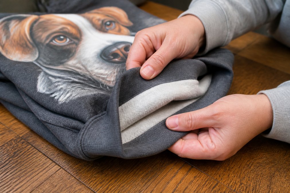 Close-up of hands feeling the soft interior of a folded graphic hoodie on a wooden table, showing the fabric texture and print detail