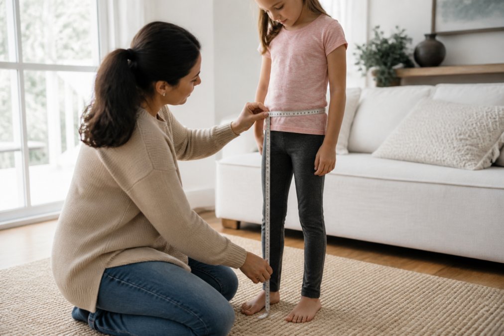 Parent measuring a young girl's waist and inseam with a soft measuring tape, showing proper measurement technique with the child standing relaxed in casual clothing