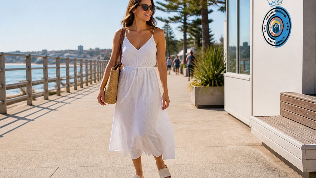 Woman in a cotton dress walking on a sunny Australian promenade in comfortable slides