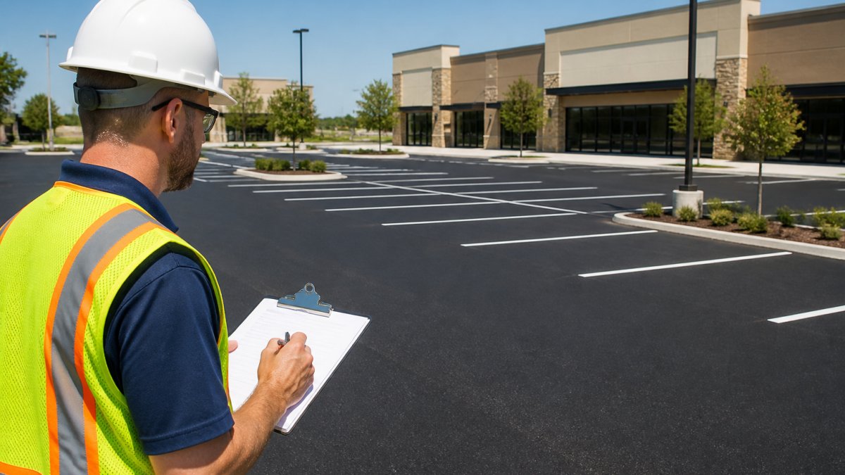 Professional contractor in safety vest reviewing completed commercial parking lot with clipboard, examining asphalt surface quality in bright daylight
