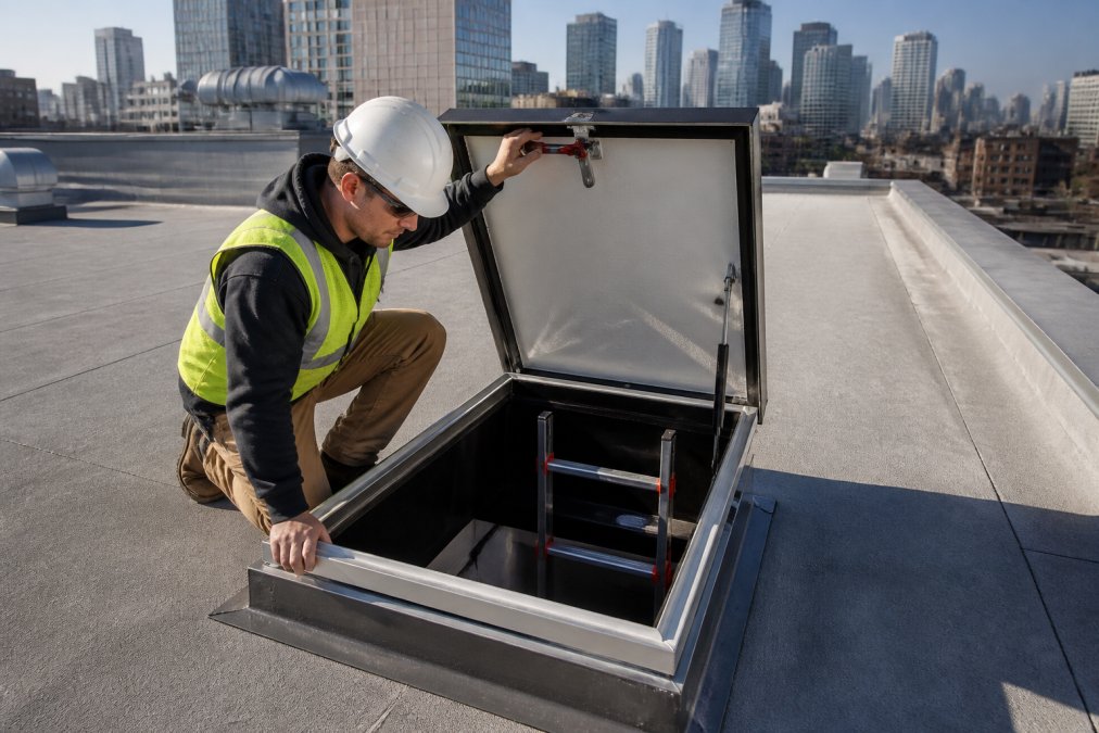 A contractor in a hard hat inspecting an open commercial roof hatch on a flat commercial rooftop, with the ladder visible below and city buildings in the background