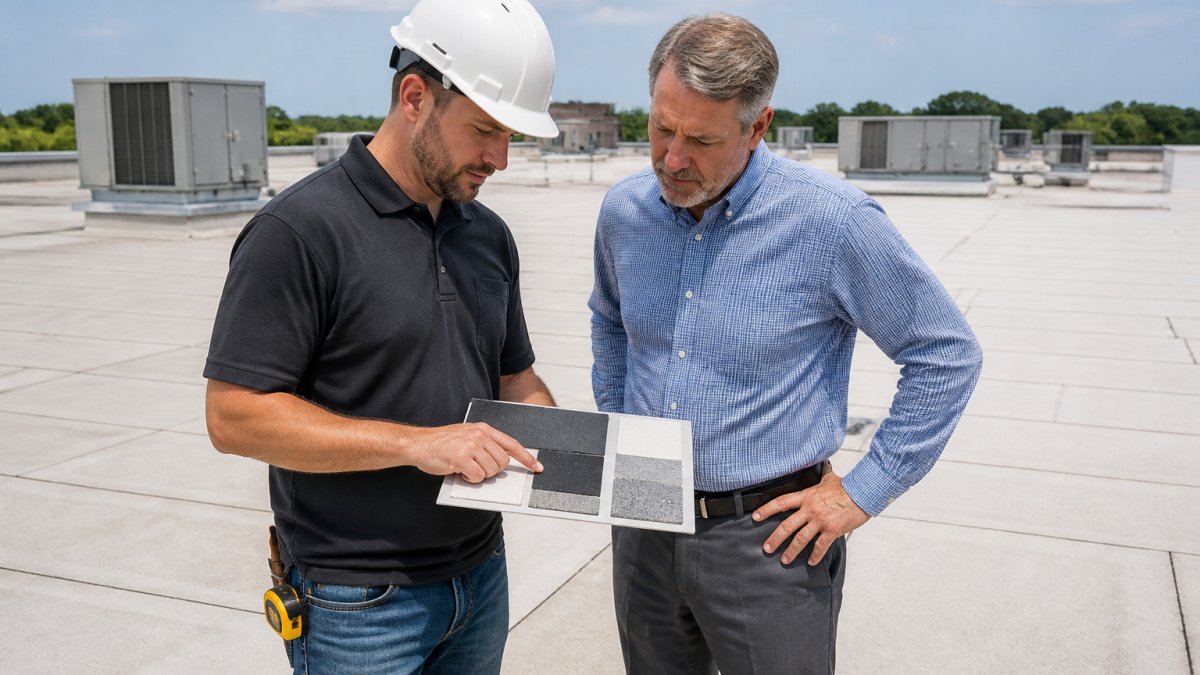 Commercial roofing contractors and a facility manager reviewing flat roof material samples on a rooftop