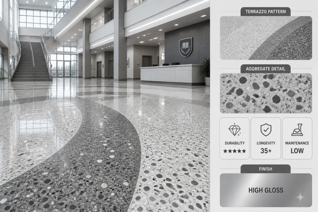 Wide-angle shot of a polished terrazzo floor in a large institutional building lobby, showing aggregate patterns and high-gloss finish under bright overhead lighting