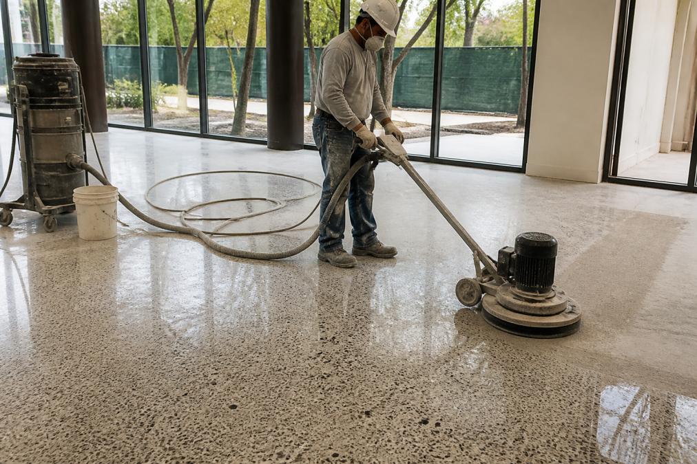 Terrazzo installer in work gear grinding and polishing a commercial floor surface, with professional equipment visible and a partially finished floor section in the background