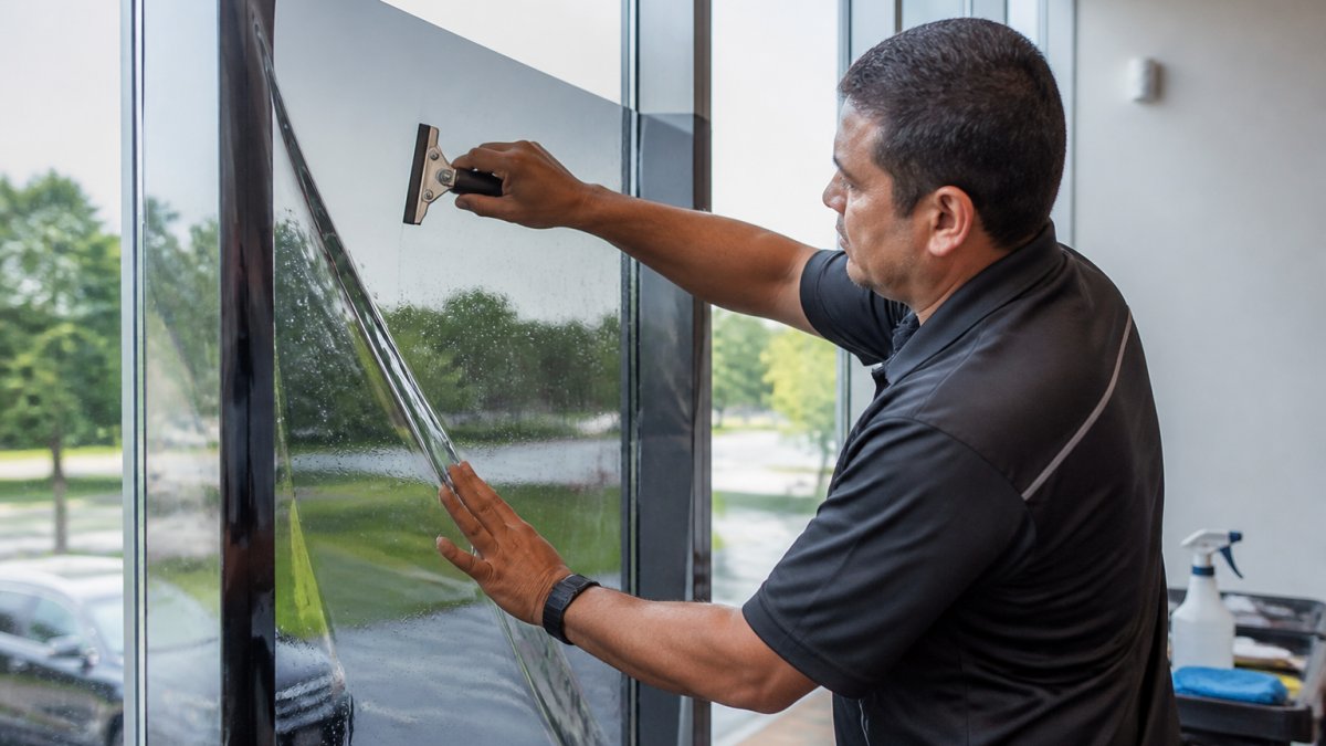Step-by-step process infographic showing a technician applying commercial window film to glass