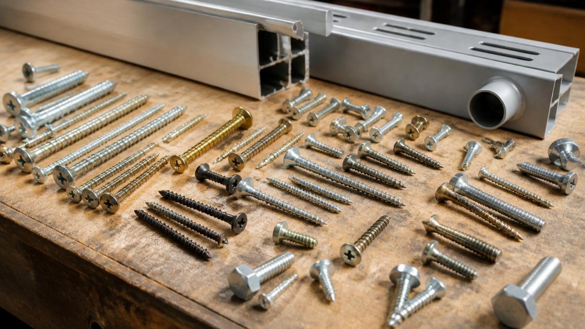 Diagram showing how to choose construction fasteners based on head types, sizes and materials on a workbench.
