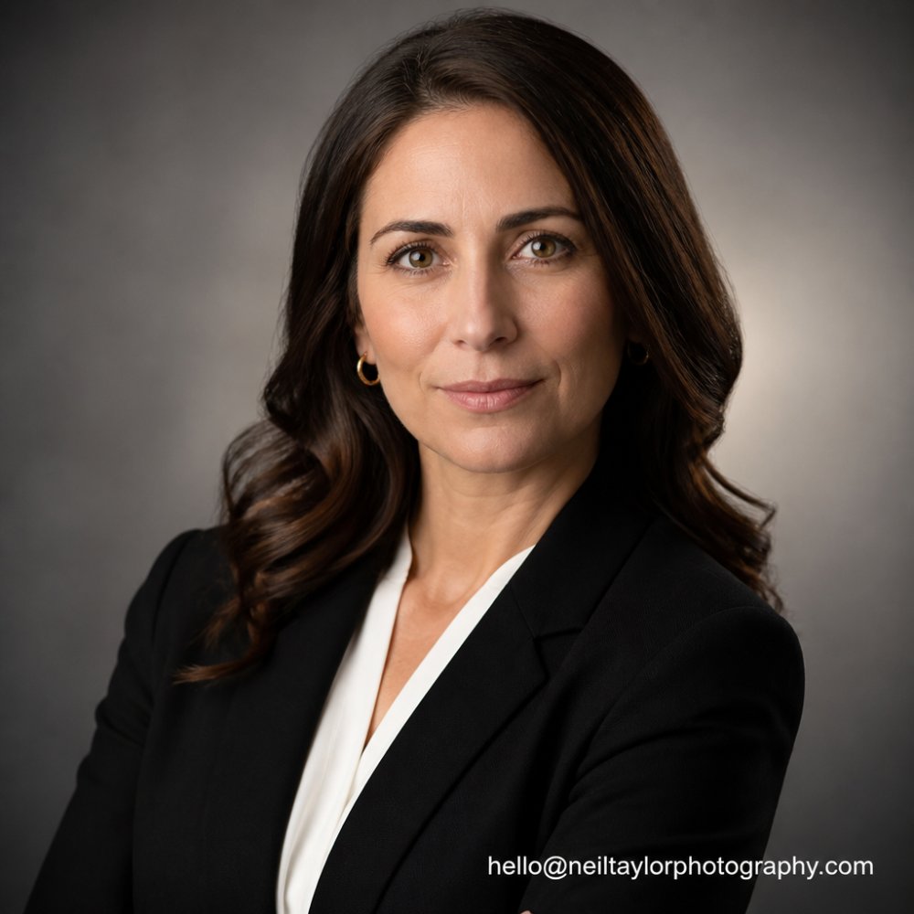 Professional woman in business attire photographed against a soft, neutral studio background with controlled lighting, showing sharp focus and polished appearance