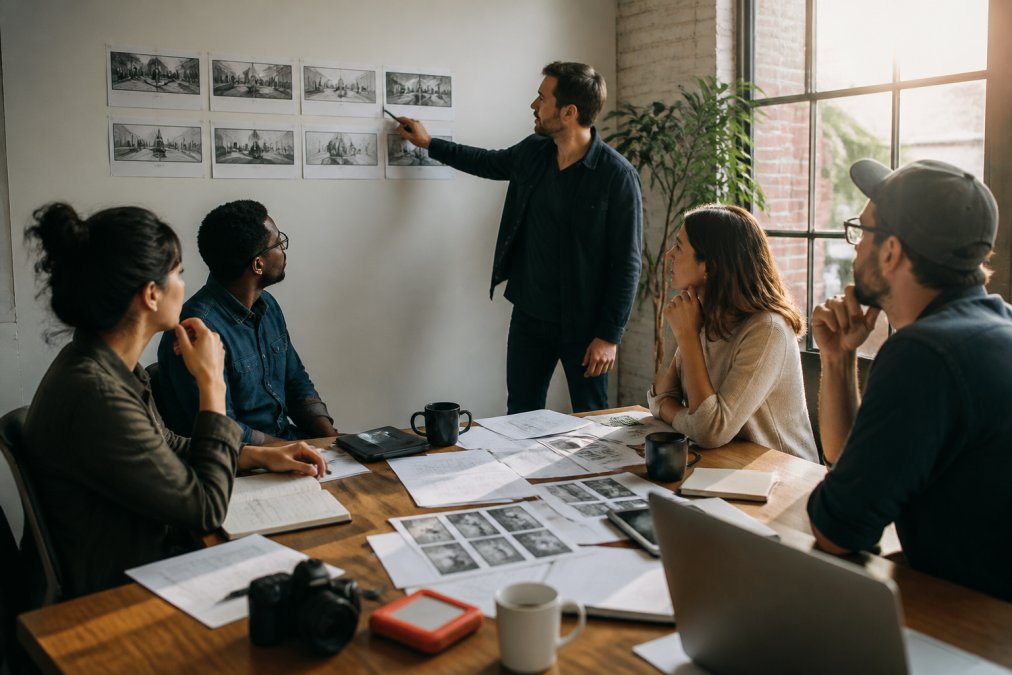 A marketing team collaborating around a conference table with a printed creative brief, laptops open, one person pointing at storyboard sketches taped to the wall, warm afternoon light through office windows