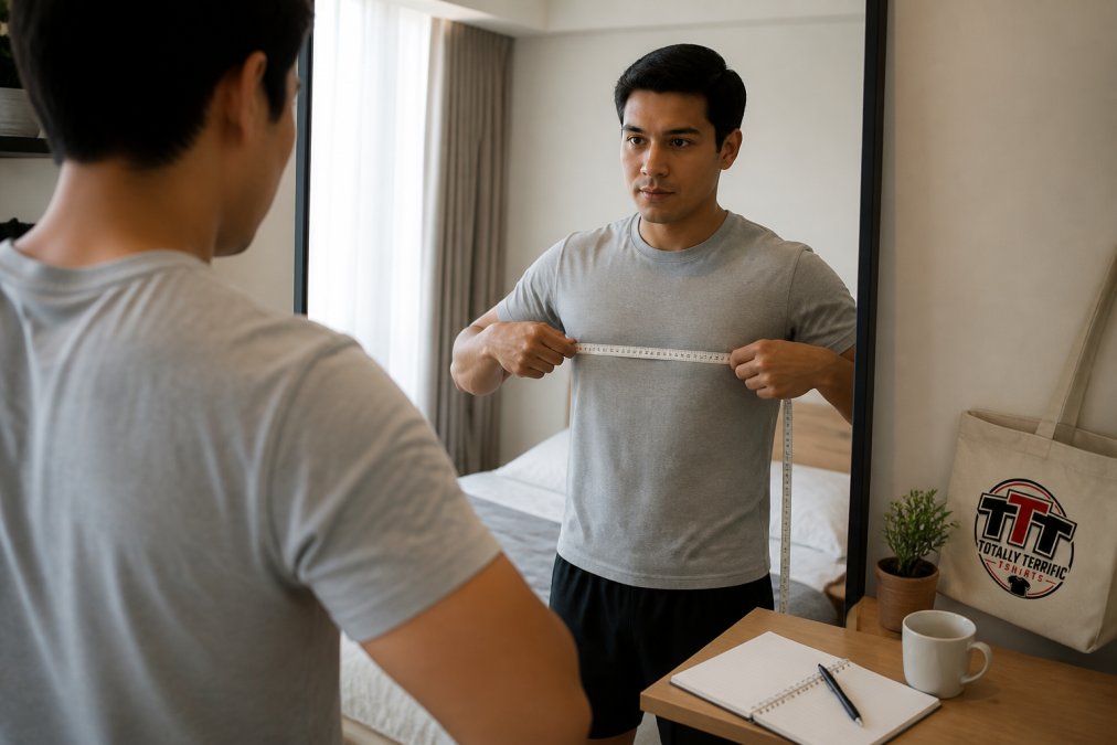 Step-by-step guide on how to measure your chest for the perfect shirt size online at home.