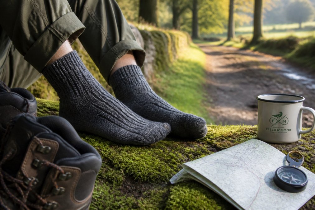 A walker wearing merino wool walking socks rests on a mossy log with boots and a map nearby on a trail