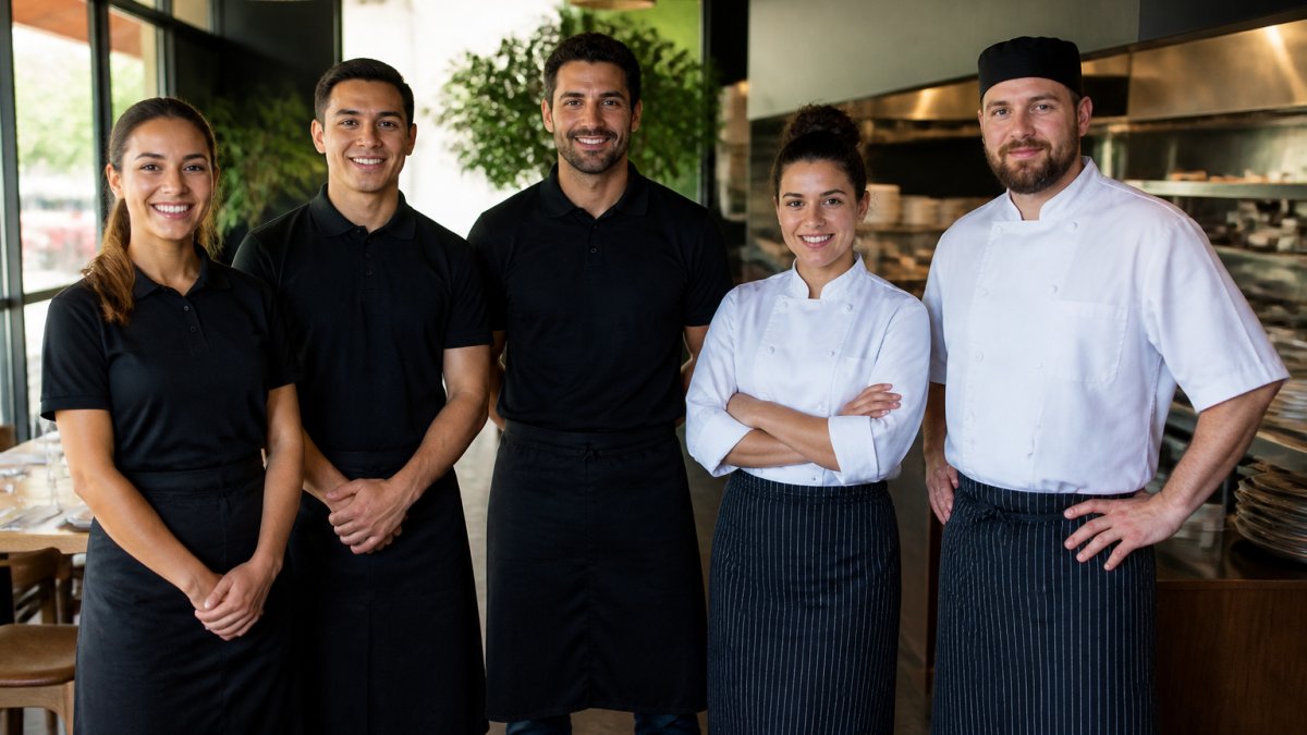 A restaurant team standing together in a bright dining room, servers in branded polo shirts and aprons and kitchen staff in chef coats, smiling before service begins