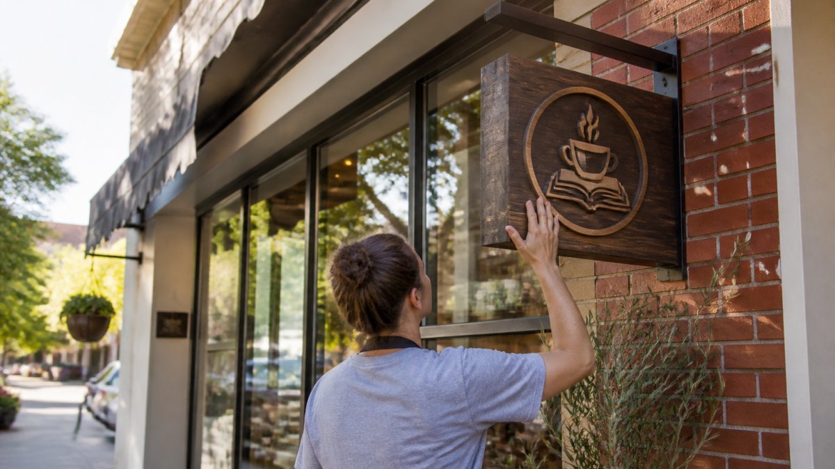 Carved wooden custom business signage mounted on a storefront exterior in natural daylight