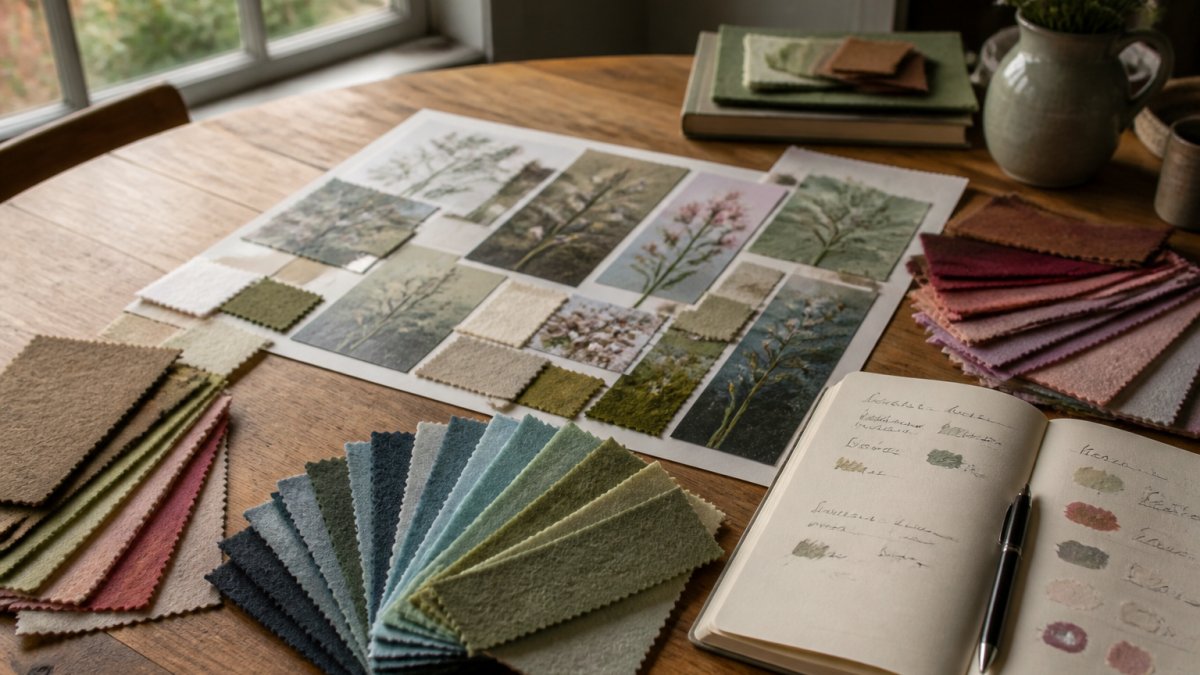 A wooden table covered with felt swatches in various colors, a mood board with magazine cutouts and fabric samples, and a notebook with handwritten color notes, natural light from a window
