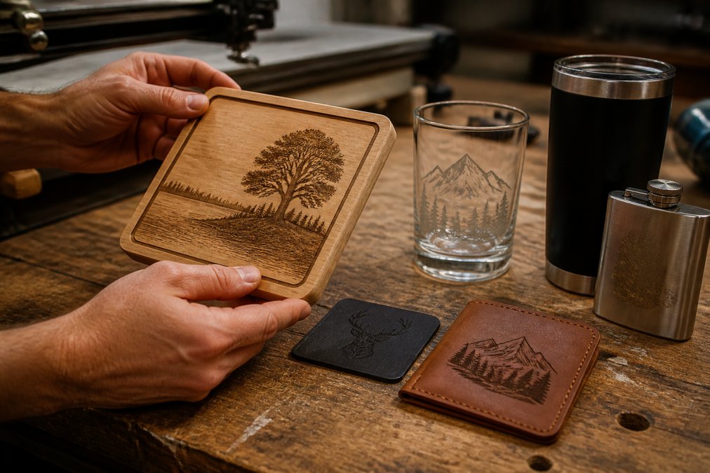 Close-up of a craftsman's hands inspecting a laser-engraved wooden plaque next to samples of engraved glass, metal, and leather on a workbench