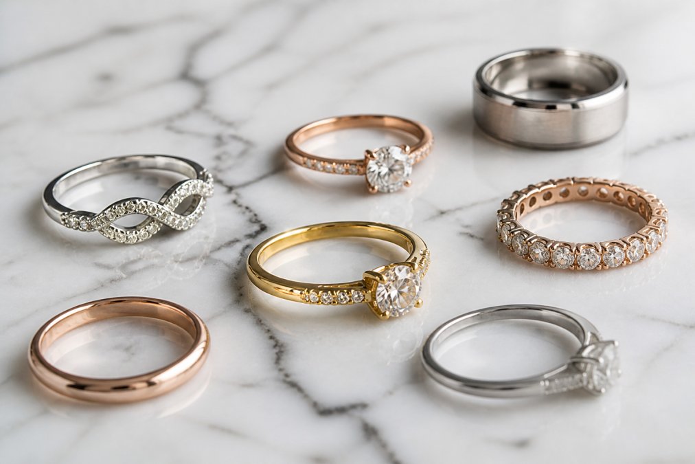 Close-up of several custom jewelry pieces laid flat on a white marble surface, showing different metal tones including yellow gold, rose gold, and silver rings with gemstone settings, photographed under soft natural window light