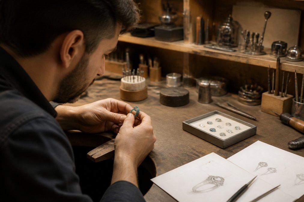 A jewelry designer at a workbench reviewing a detailed CAD rendering on a tablet screen next to a small wax model prototype and loose gemstones arranged in a shallow tray, under warm workshop lighting