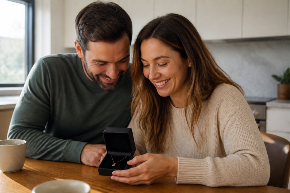 A couple admiring a delicate gold custom jewelry necklace in a sunlit kitchen at morning.