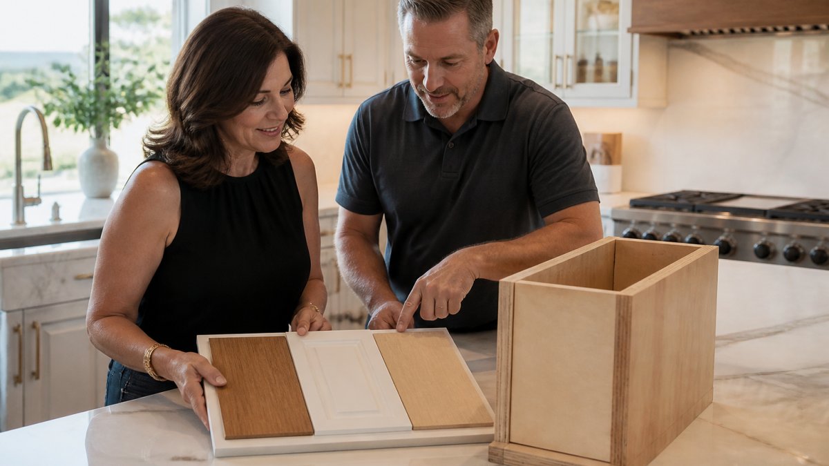 Homeowner and contractor reviewing a material sample board with wood veneer, painted finish, and plywood cabinet box samples on a kitchen island under bright natural light