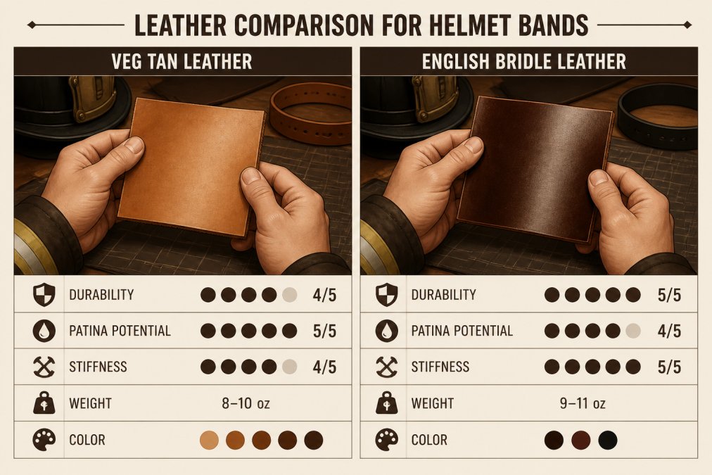 Close-up of firefighter's hands examining different leather swatches showing veg tan and English bridle leather textures side by side on a work table