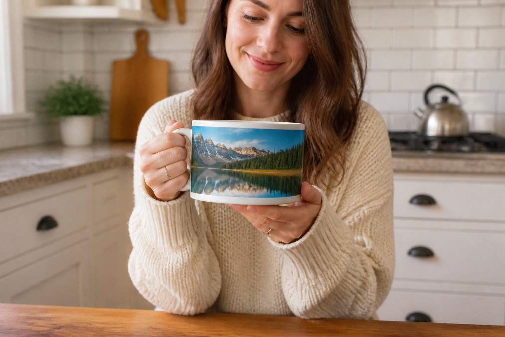 Professional illustration showing person and holding and glossy concepts for custom mug designs
